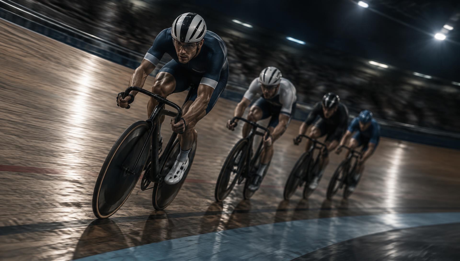 Track cyclists leaning into a banked curve at speed in a dark velodrome